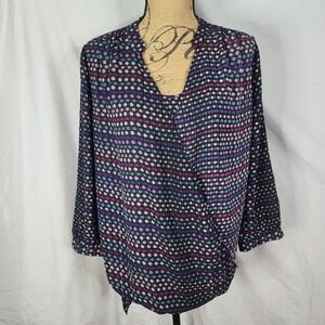 NYDJ Size Large Pleated Notch Collar 3/4 Sleeve Polka Dot Layered Surplice Top